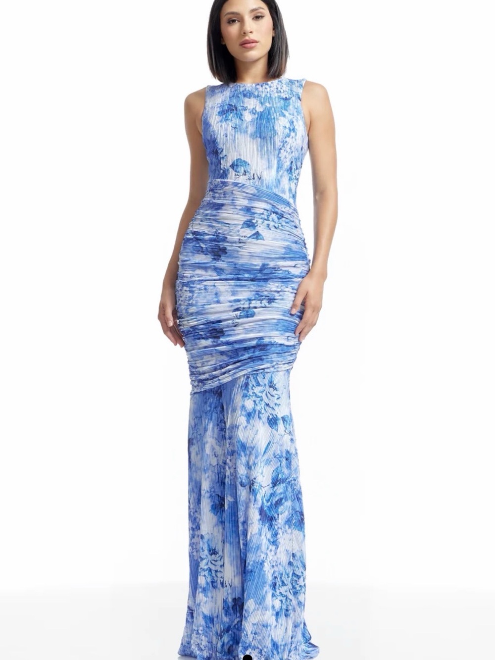 Dress the Population Blue & White Ruched Mermaid Maxi Dress